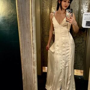 Altar’d State Jacindy Satin Slip Maxi Dress with Button-Front Detail Corset-Tie